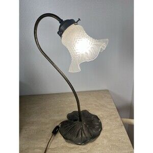 Vintage Desk Lamp Brass Lilly Pad Lotus Leaf Gooseneck Frosted Glass Shade  17”